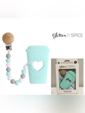 🆕GLITTER & SPICE - NWT - AQUA BLUE COFFEE SILICONE TEETHER / PACIFIER CLIP